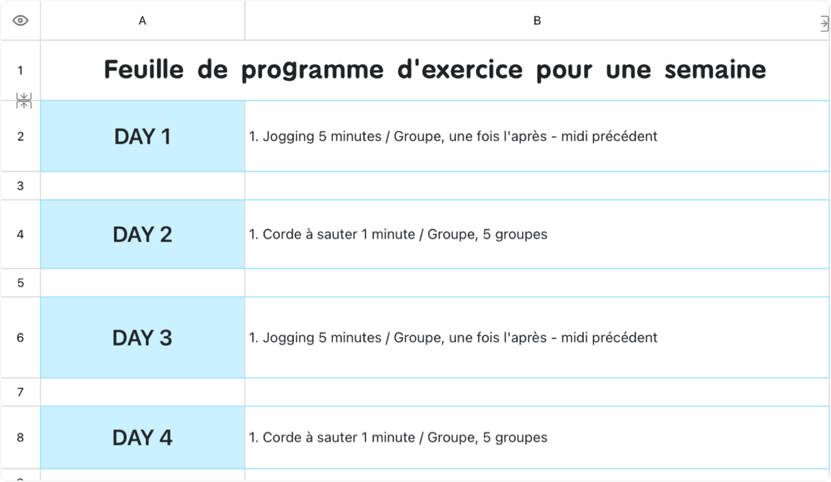 Feuille de programme d'exercice pour une semaine
